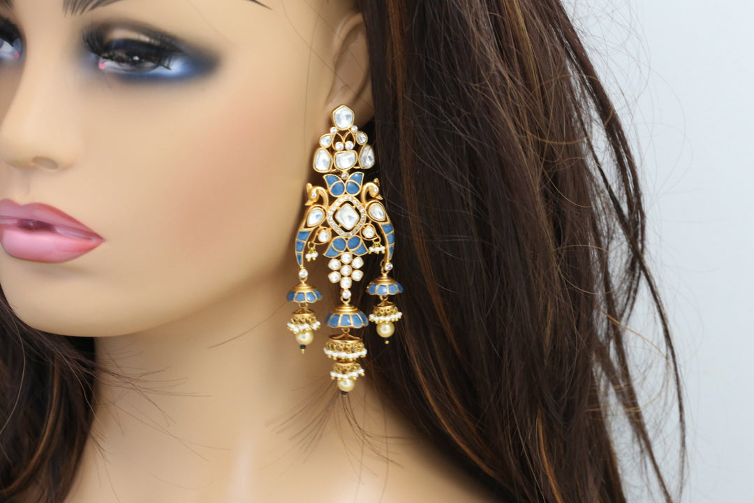 Premium 3 Tier Blue Jadau & Uncut Kundan Jhumka