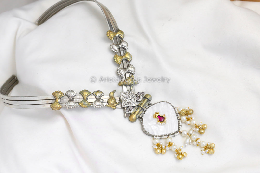 Silver Look MOP Jadau Fusion Necklace Set - Style 3