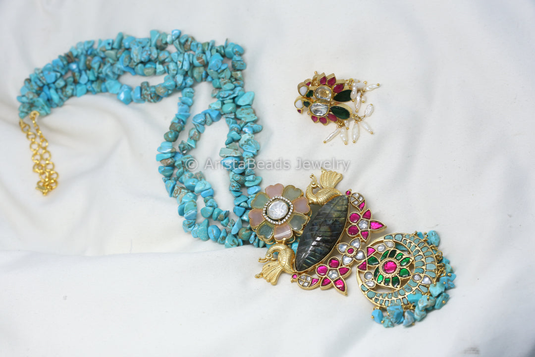 Jadau Fusion Pendant Necklace - Labradorite & Turquoise