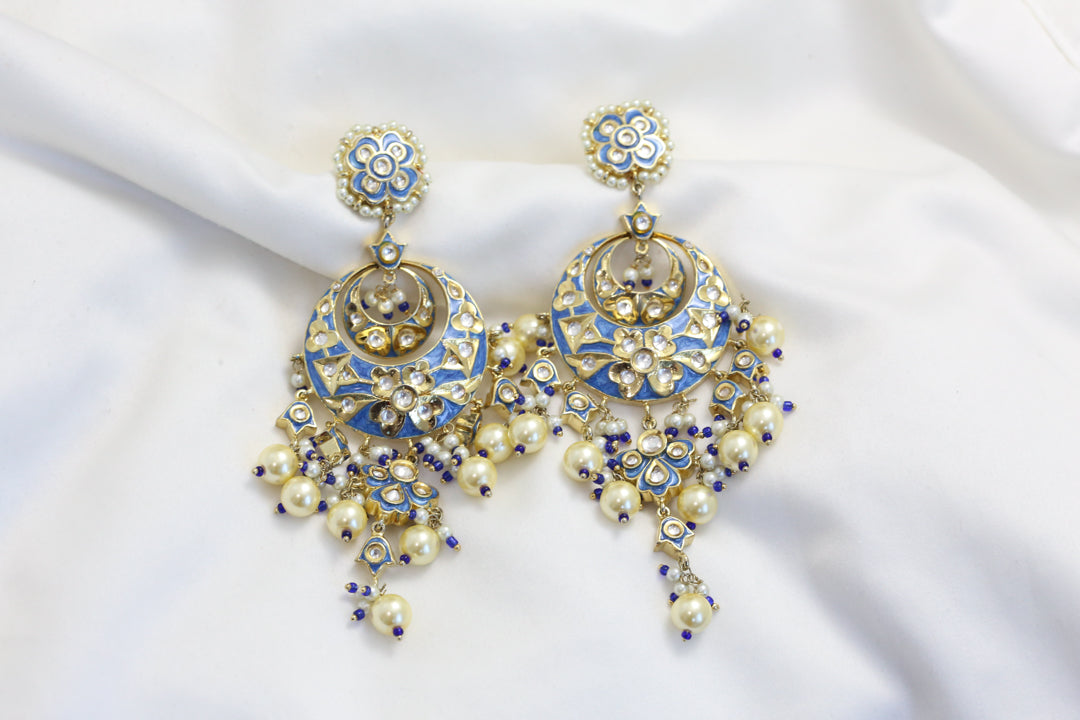 Jadau Polki Enamel Chandbaali - Blue