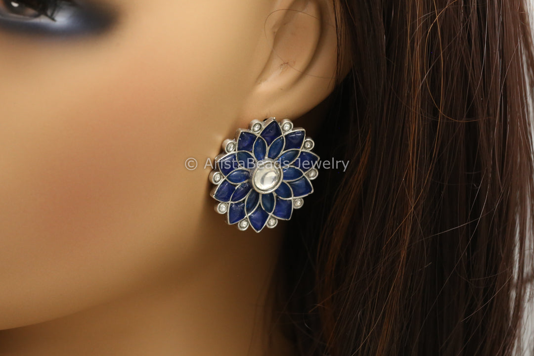 Jadau Kundan Silver Finish Studs - Blue