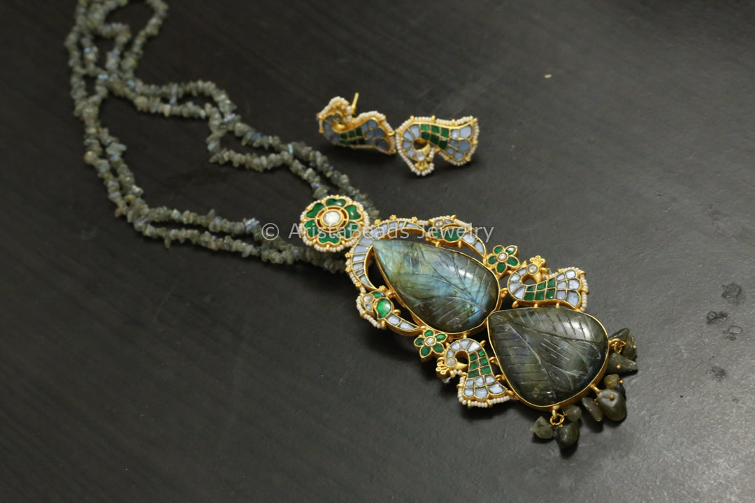 Labradorite & Kundan Fusion Pendant Set (Removable)