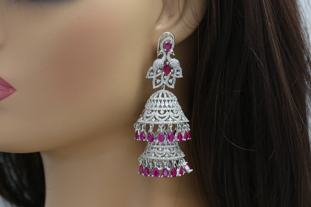 Silver Finish 2-Tier Jhumka - Ruby