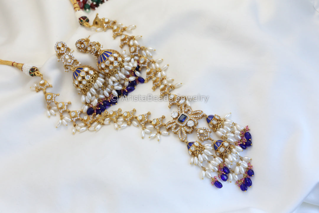 Real Moissanite & Jadau Jhumka Necklace Set - Blue