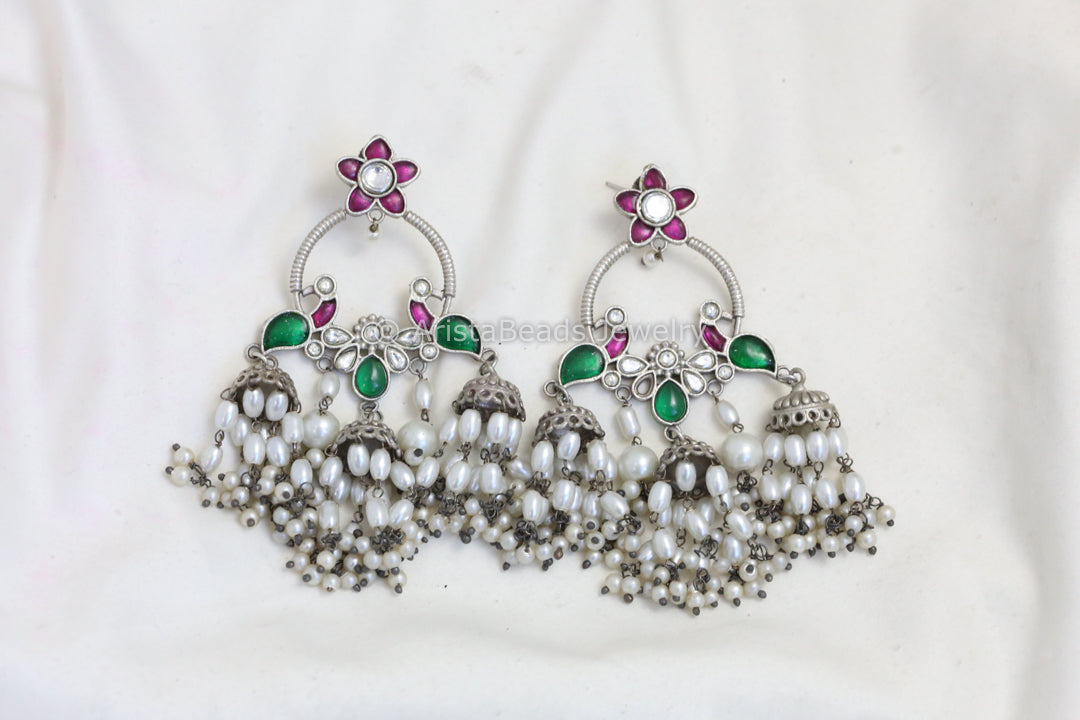 Long Silver Look Kundan Chandbaali Jhumka- Green Ruby