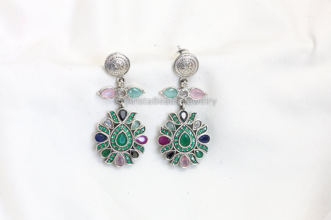 CZ Polki Silver Look Earrings - Green Multi