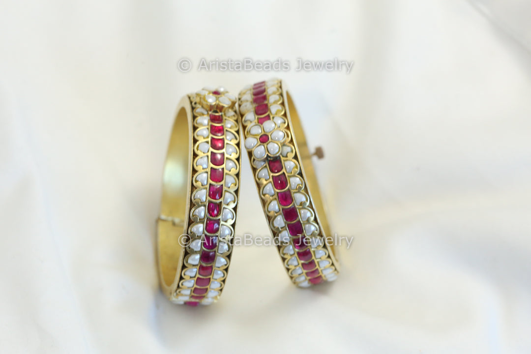 Antique Pearl Ruby Jadau Bangle Set (2.4 openable)- ABJ-B101-12