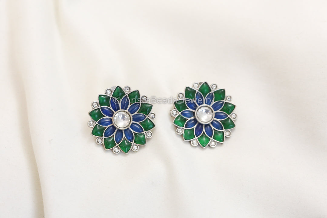 Jadau Kundan Silver Finish Studs - Green Blue