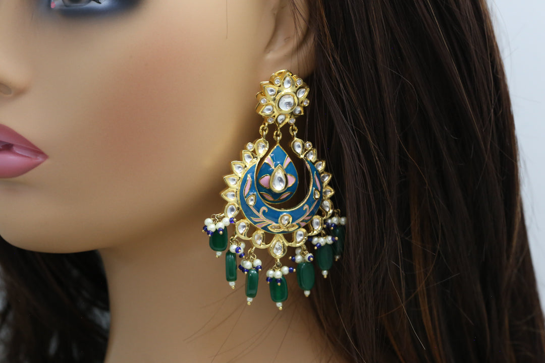 Enamel Foil Kundan Earrings - Blue