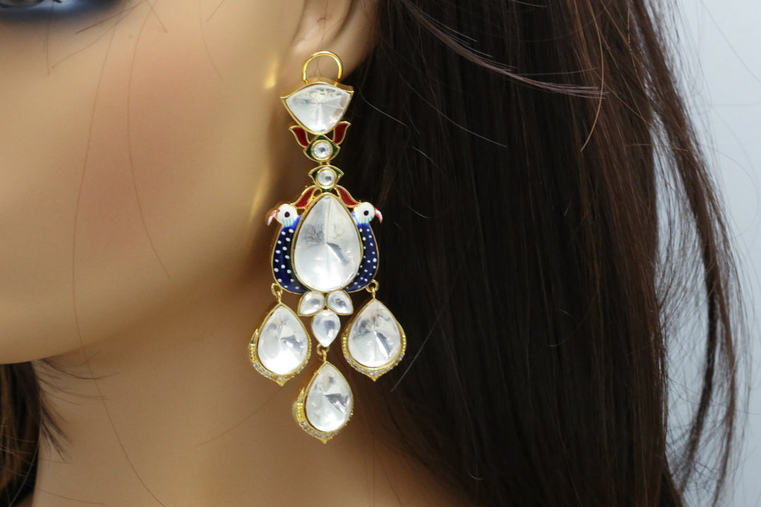 Big Kundan Polki Enamel Earrings - Blue