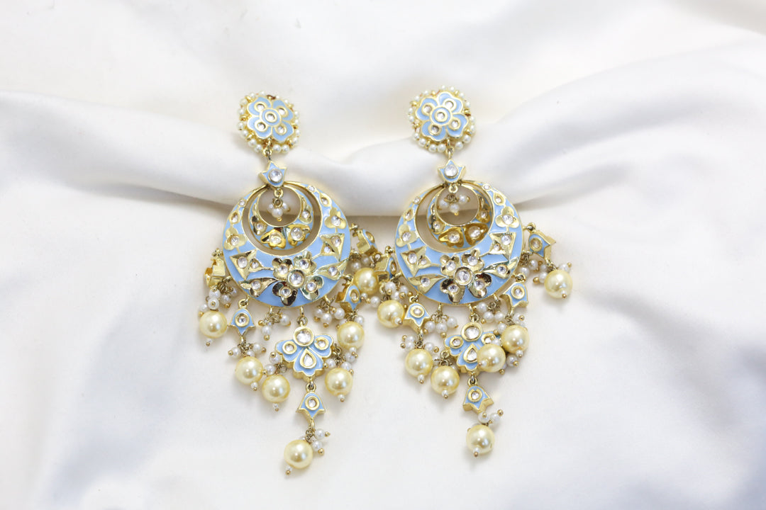 Jadau Polki Enamel Chandbaali -Powder Blue
