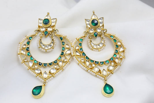 Large Pachi Kundan Chandbaali - Green