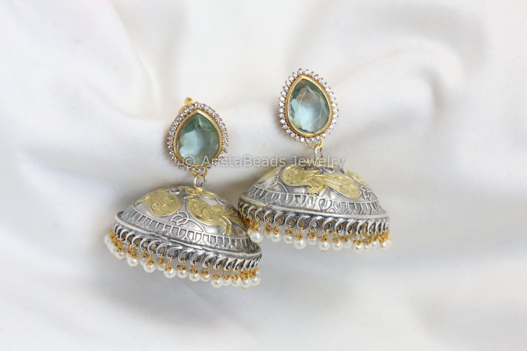CZ Stud Dual Tone Jhumka - Light green