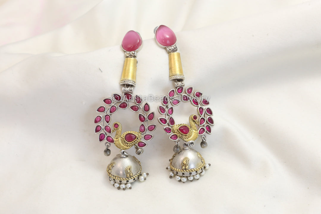 Long Dual Tone Kemp Stone Jhumka - Ruby