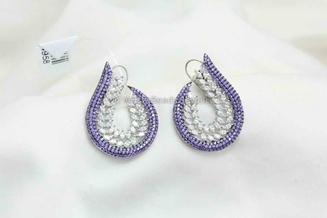 Half Moon CZ Pave Setting Earrings - Purple