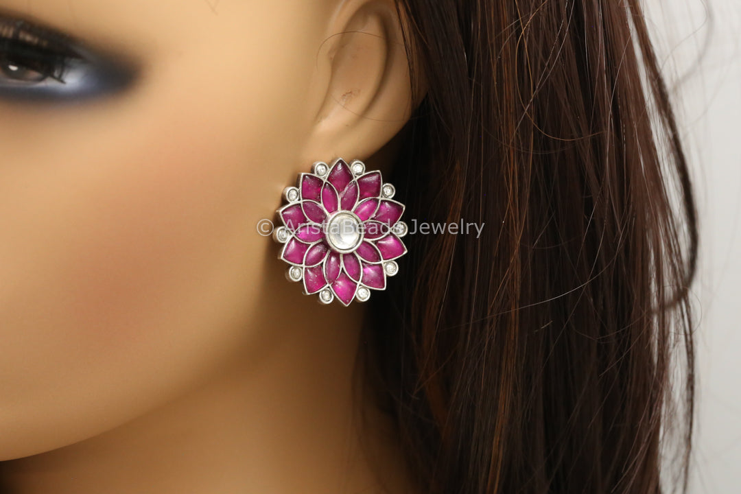 Jadau Kundan Silver Finish Studs - Ruby