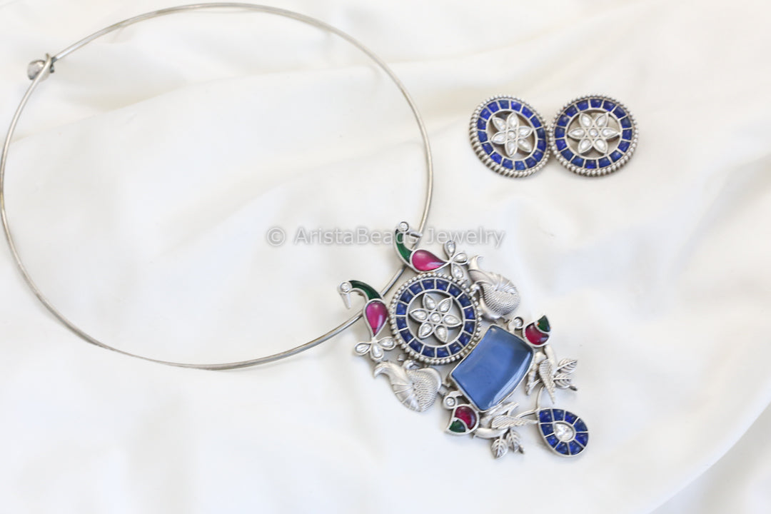 Silver Finish Jadau Look Hasli Set - Blue