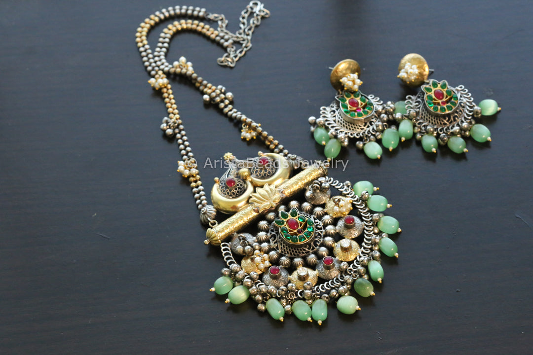 Silver Look Kemp Kundan Fusion Necklace Set - Mint