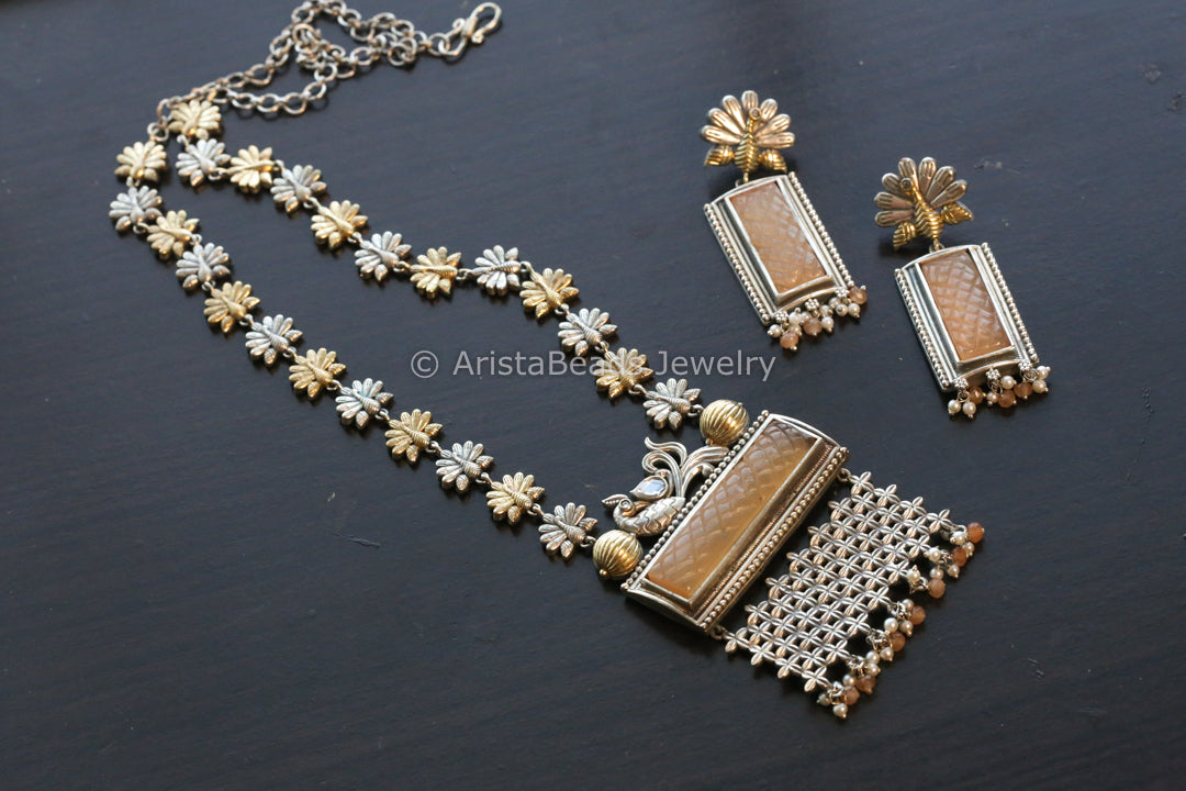 Dual Tone Carved Stone Necklace