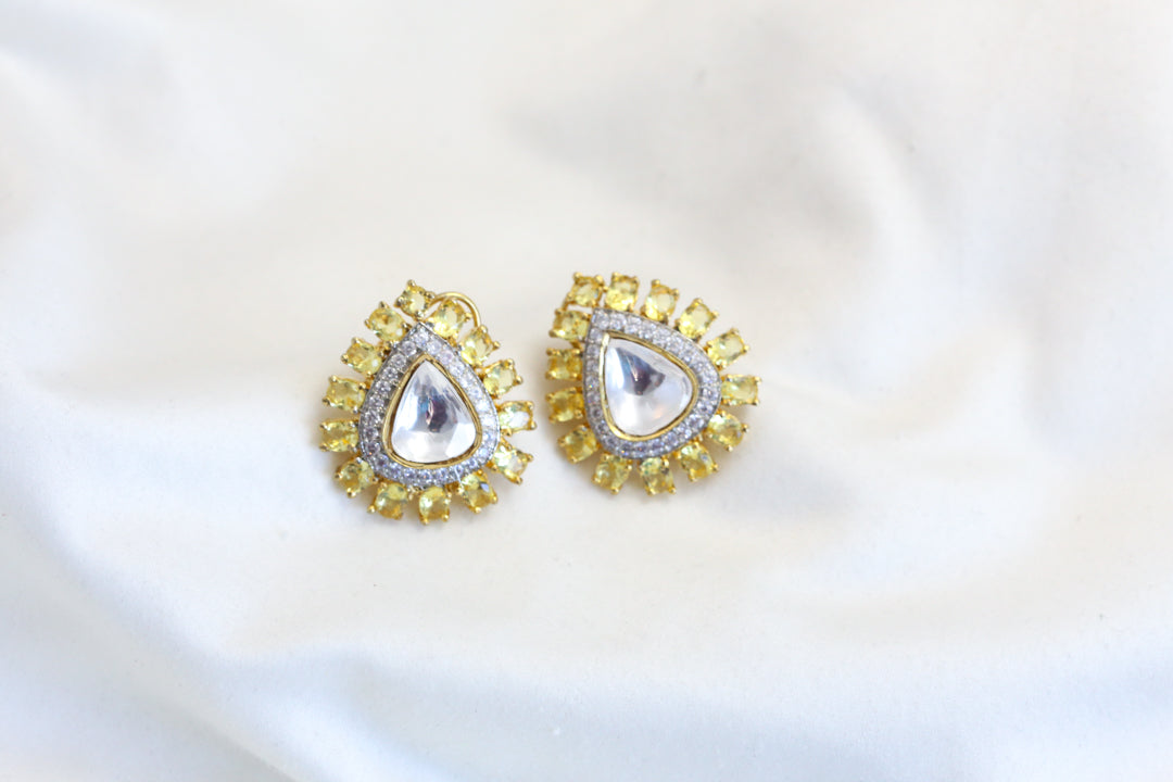 Yellow CZ & Kundan Polki Studs
