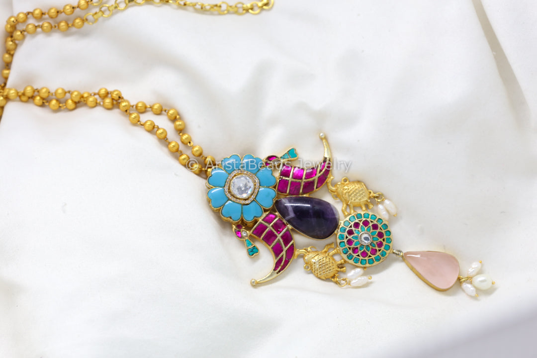 Jadau Fusion Pendant (Removable) Necklace - Amethyst & Rose Quartz