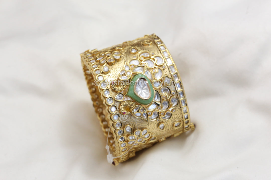 Premium Uncut Polki Kundan Wide Bangle (Mint Pota)