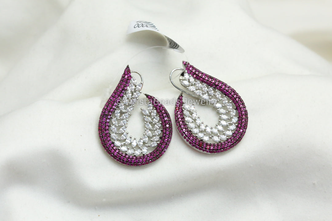 Half Moon CZ Pave Setting Earrings - Ruby Pink