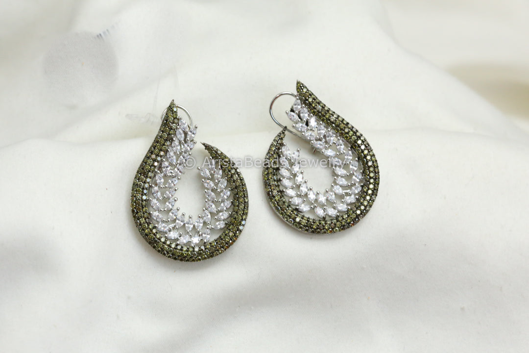 Half Moon CZ Pave Setting Earrings - Olive