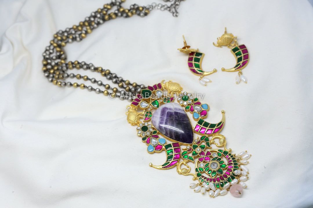 Jadau Fusion Set - Amethyst Cab & Dual Tone Chain