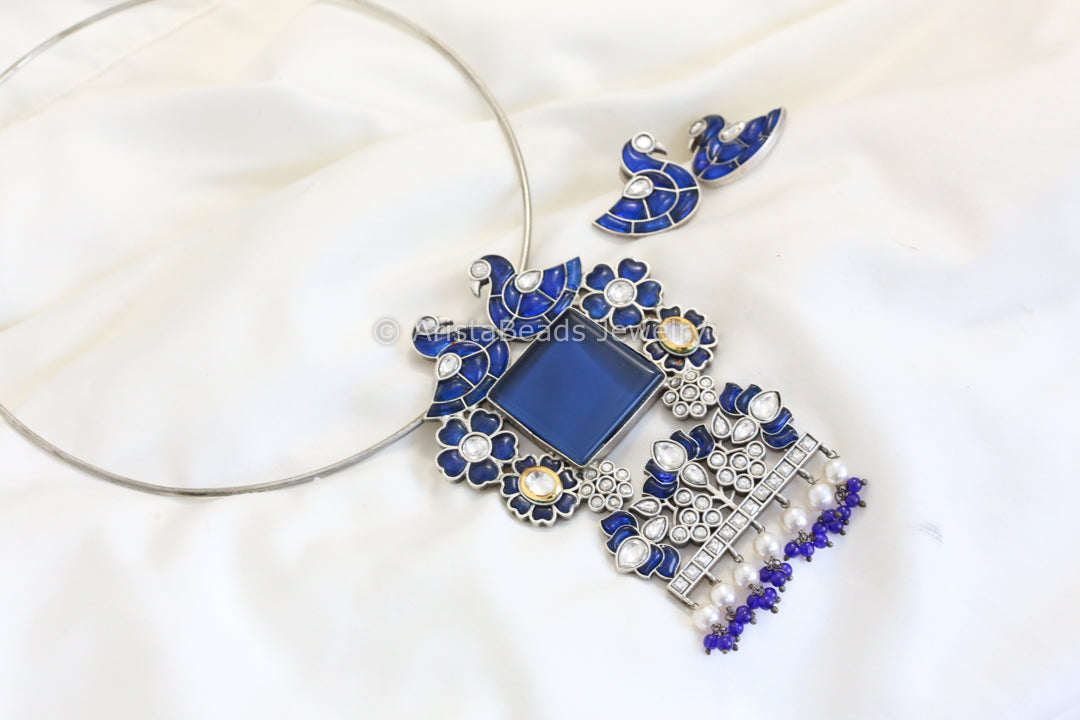 Blue Monalisa Stone Jadau Pendant Hasli Set