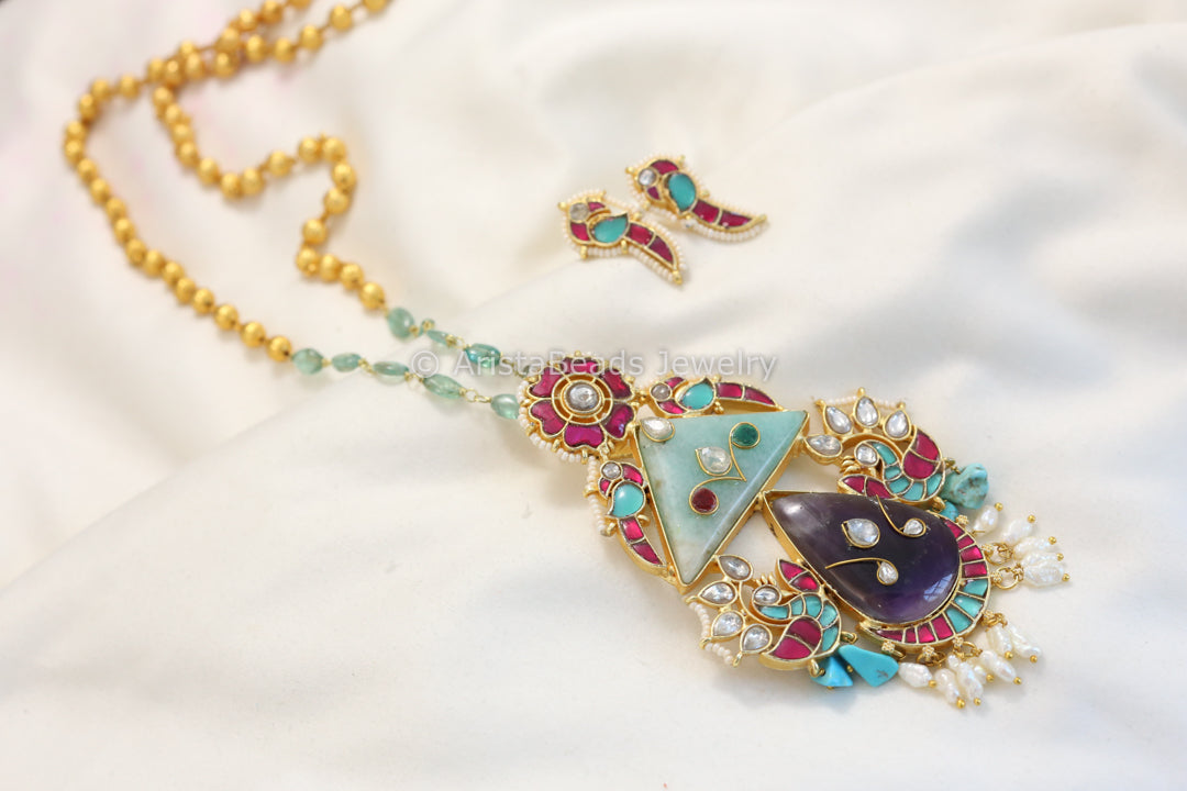 Amethyst Larimar Fusion Kundan Jadau Pendant Set