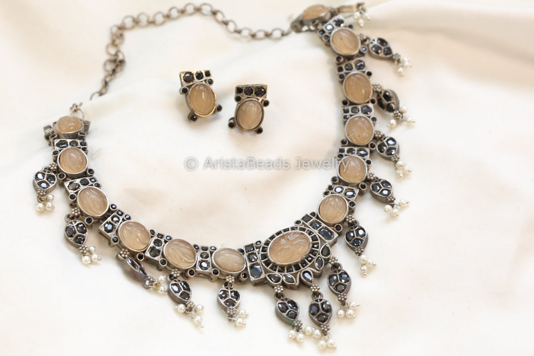 Carved Stone Oxidized Necklace Set - Peach Black
