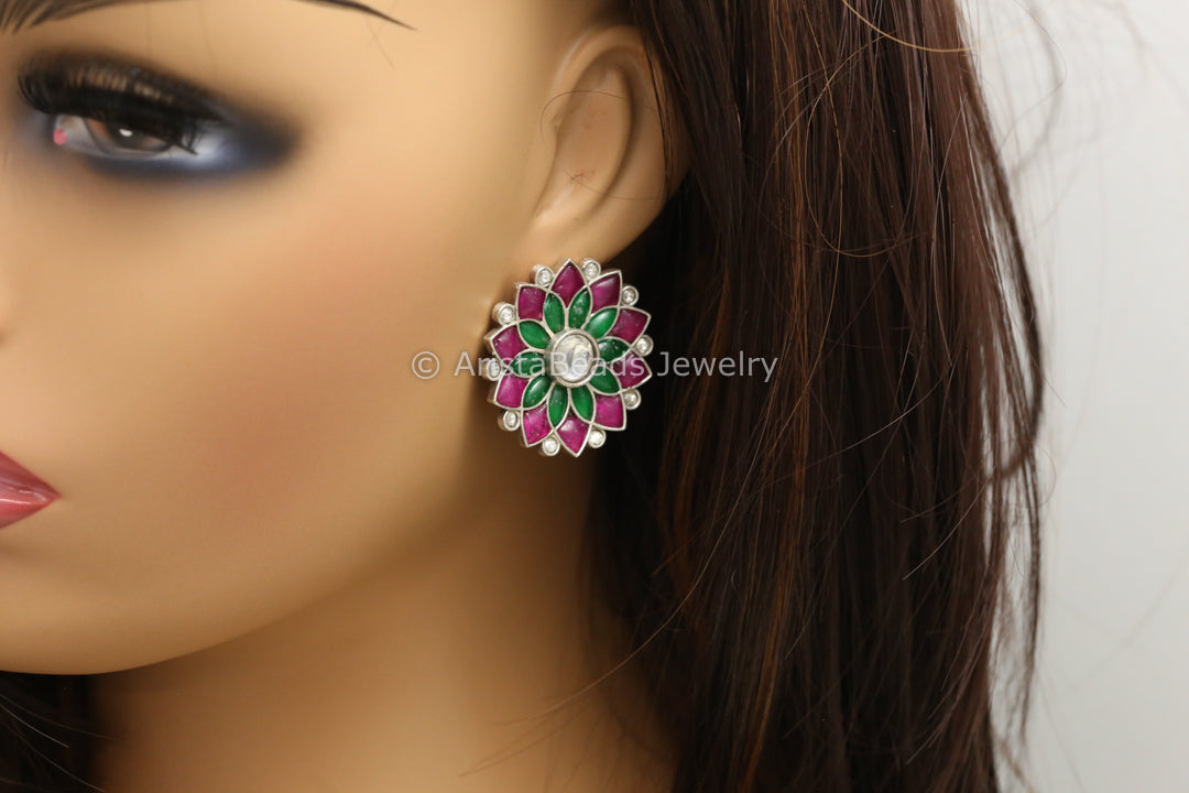 Jadau Kundan Silver Finish Studs - Green Ruby