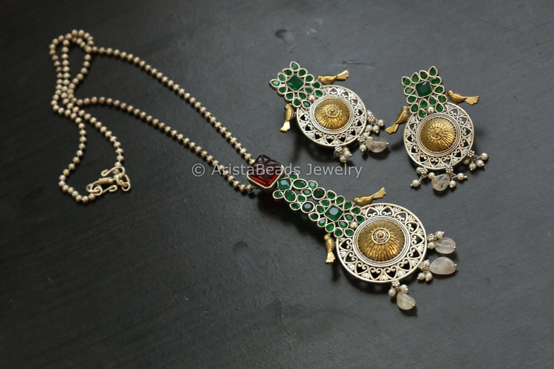 Dainty Dual Tone Necklace Set - Red