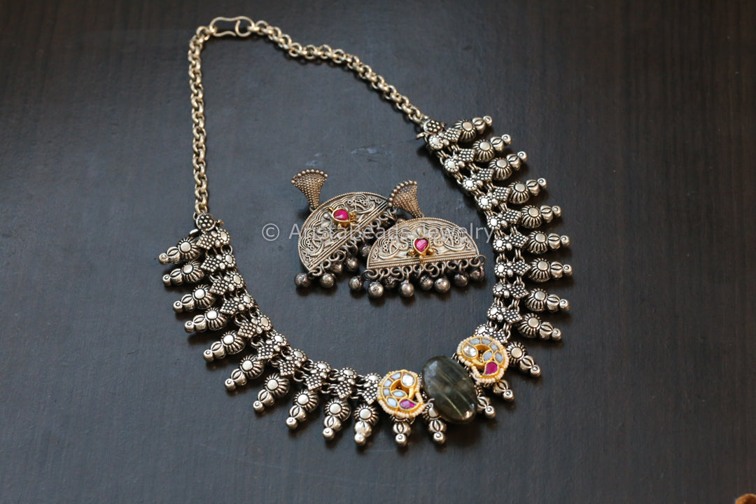Silver Look Jadau Fusion Necklace Set - Stye 2