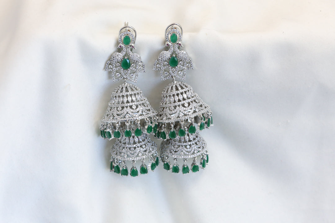 Silver Finish 2-Tier Jhumka -Emerald