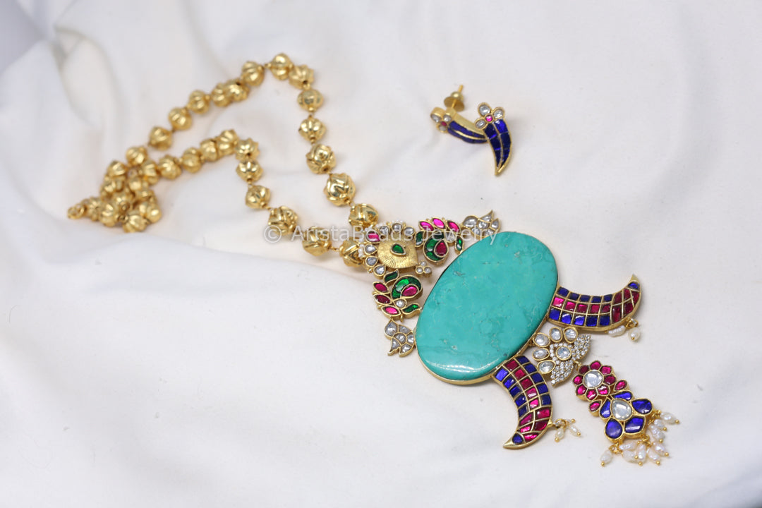 Jadau Fusion Pendant Necklace Set - Turquoise
