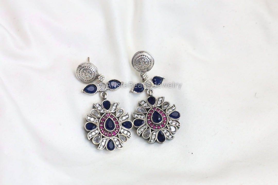 CZ Polki Silver Look Earrings - Blue