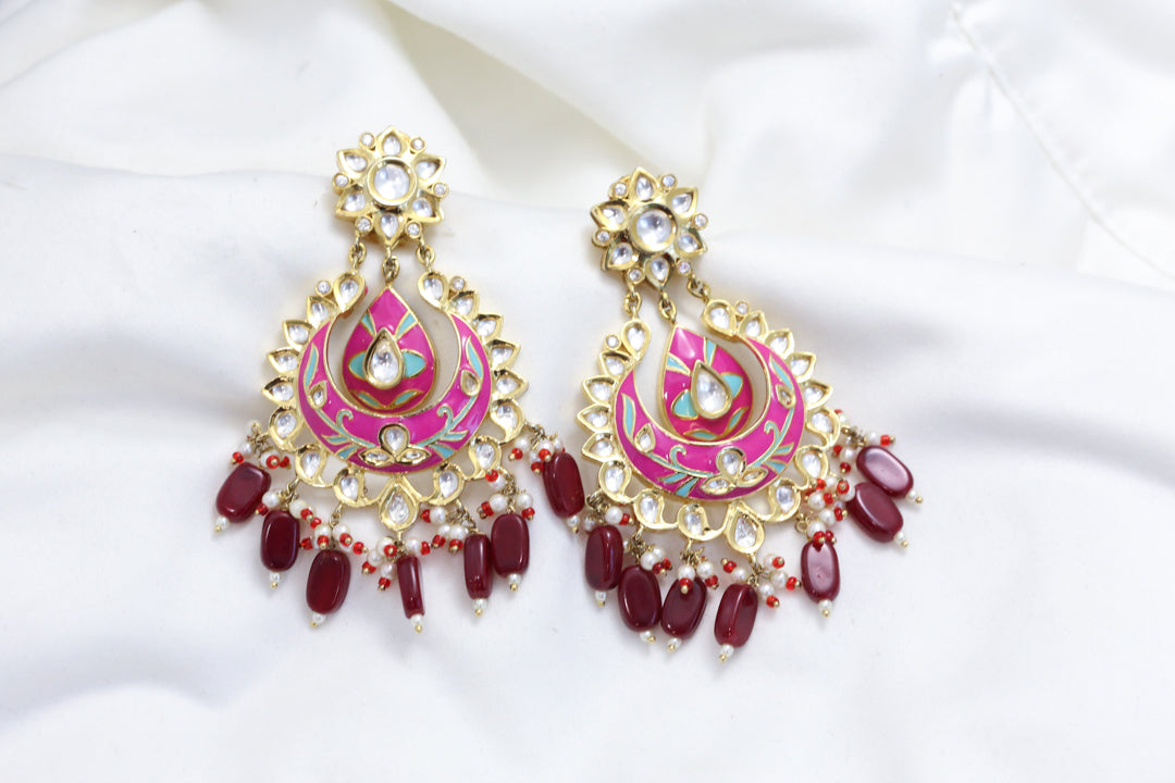 Enamel Foil Kundan Earrings - Pink