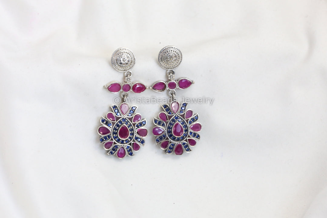CZ Polki Silver Look Earrings - Blue Ruby