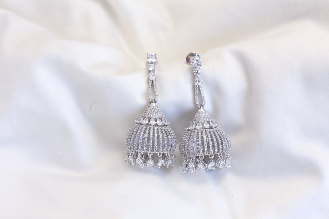 Clear CZ Jhumka Silver Finish