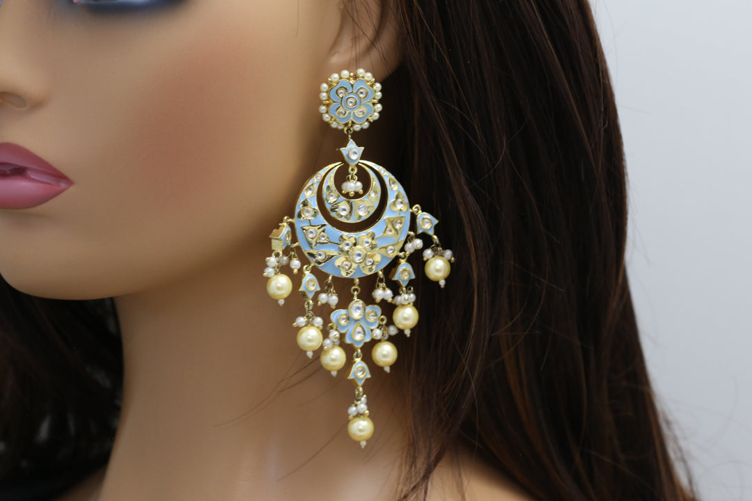Jadau Polki Enamel Chandbaali -Powder Blue