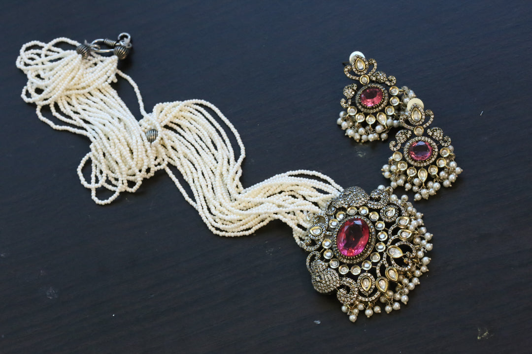 Dual Tone Victorian Necklace Set - Fuchsia pink