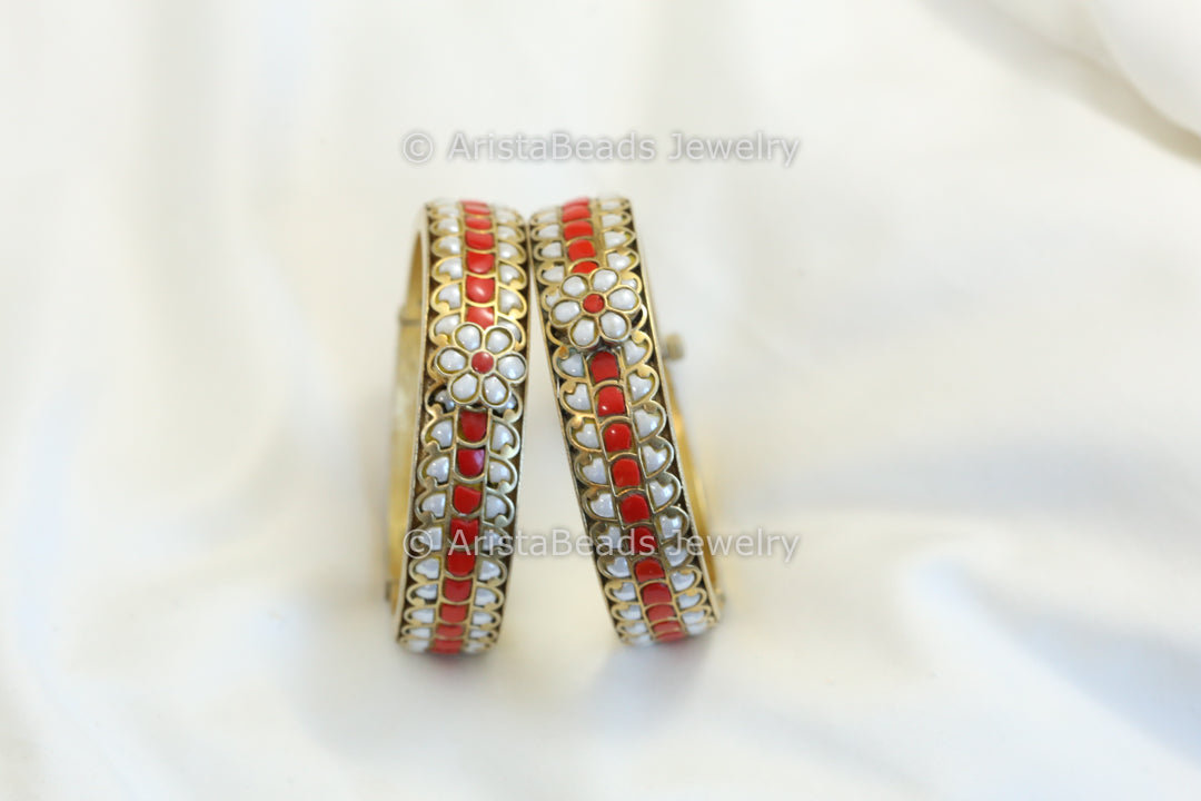 Antique Jadau Kundan Bangle Set (2.4 openable)- Pearl Coral