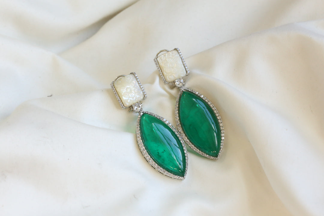 Green Doublet & Carved MOP CZ Earrings