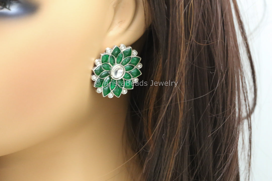 Jadau Kundan Silver Finish Studs - Green
