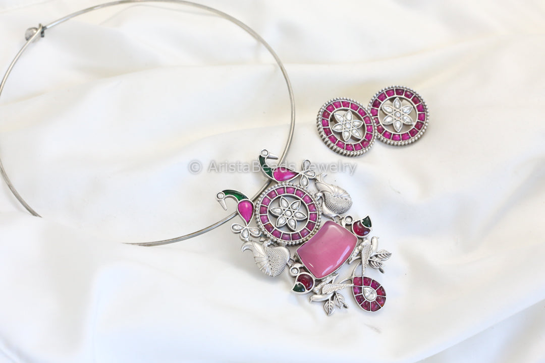 Silver Finish Jadau Look Hasli Set - Pink