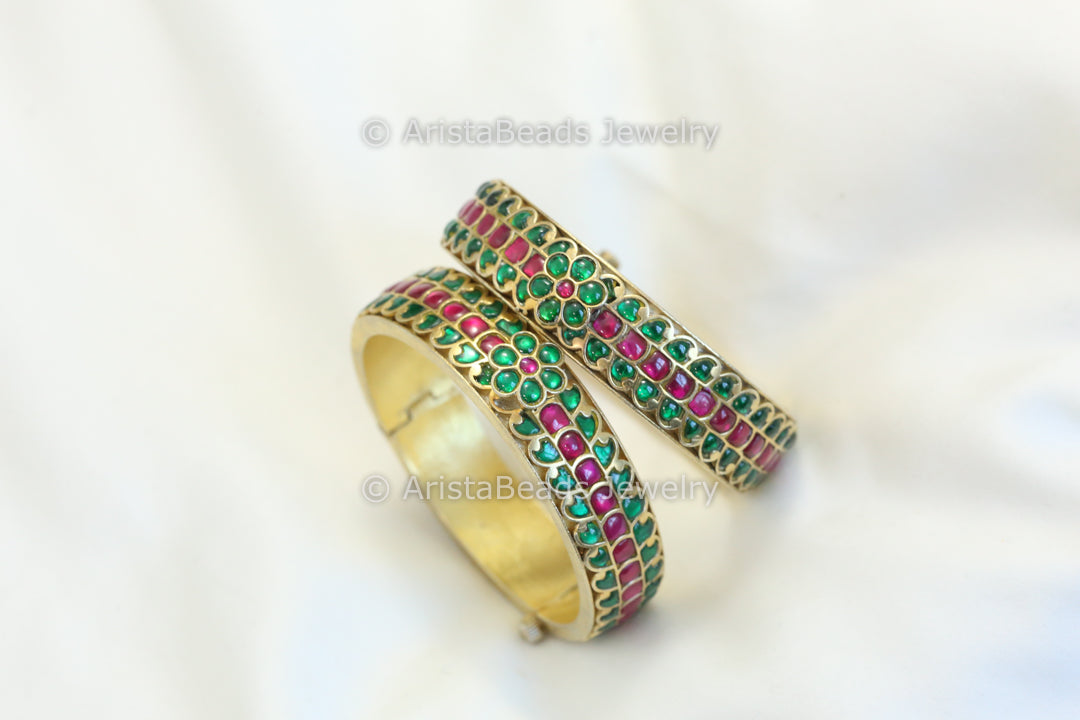 Antique Jadau Kundan Bangle Set (2.4 openable)- Green Red