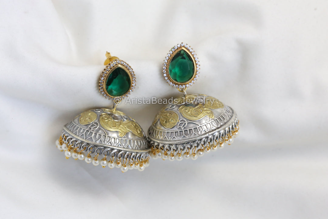 CZ Stud Dual Tone Jhumka -Green