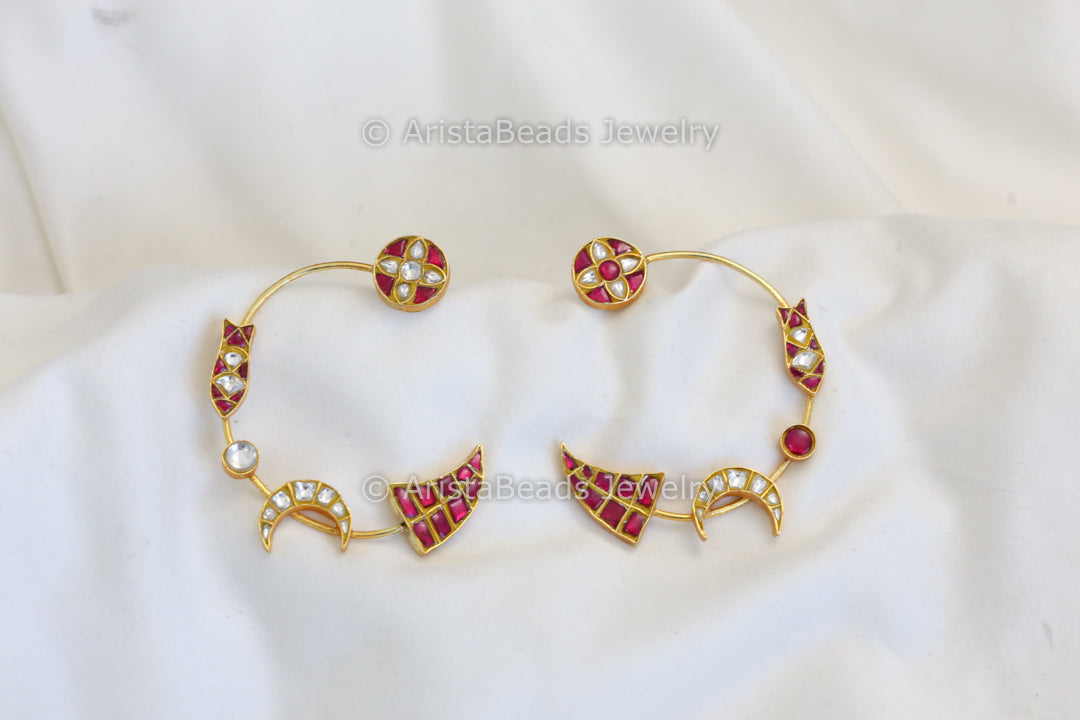 Contemporary Jadau Kundan Crescent Chandbaali - Ruby